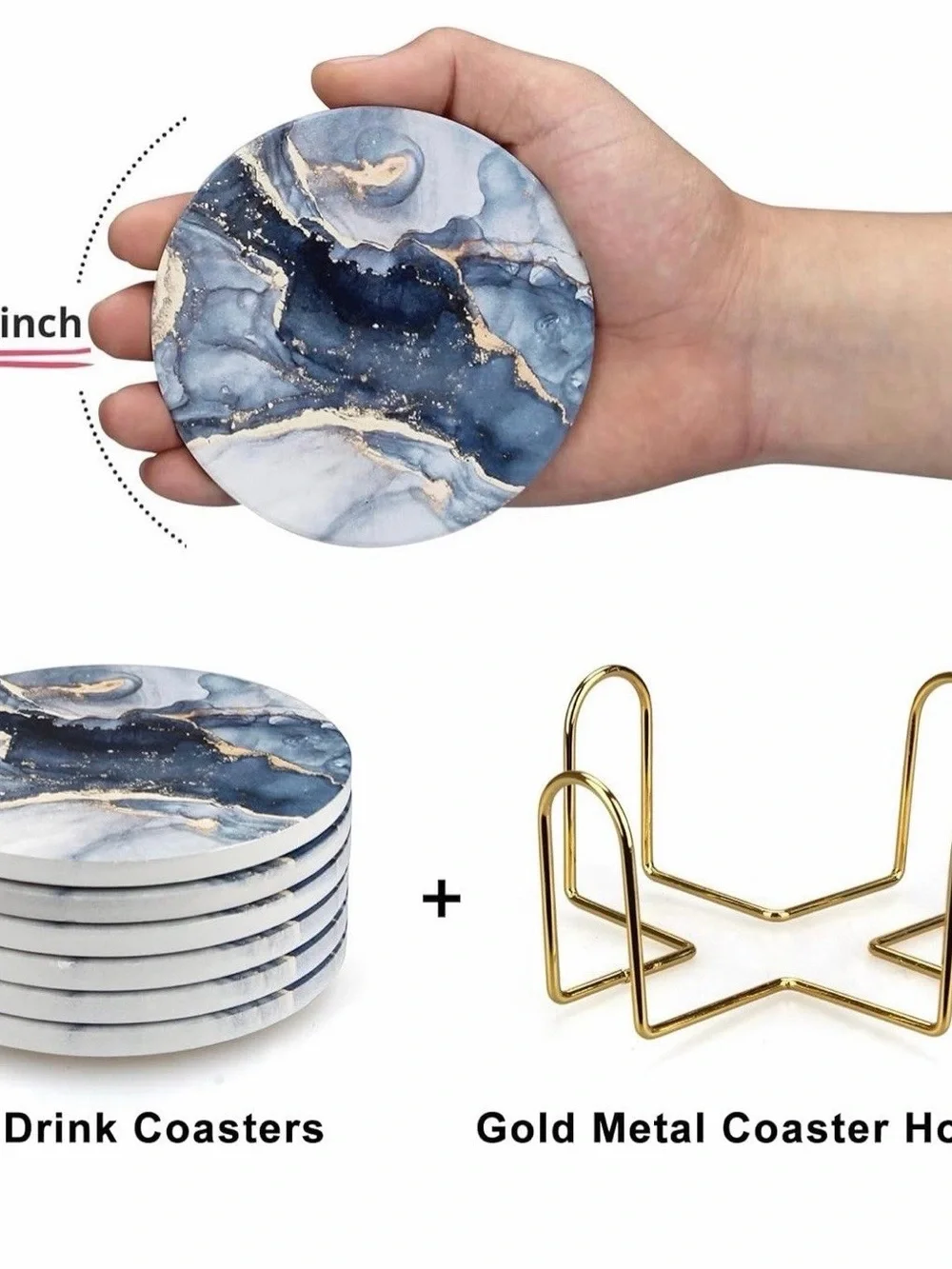 NWT Navy Blue Marble Ceramic Coasters Set of 6 with Gold Holder